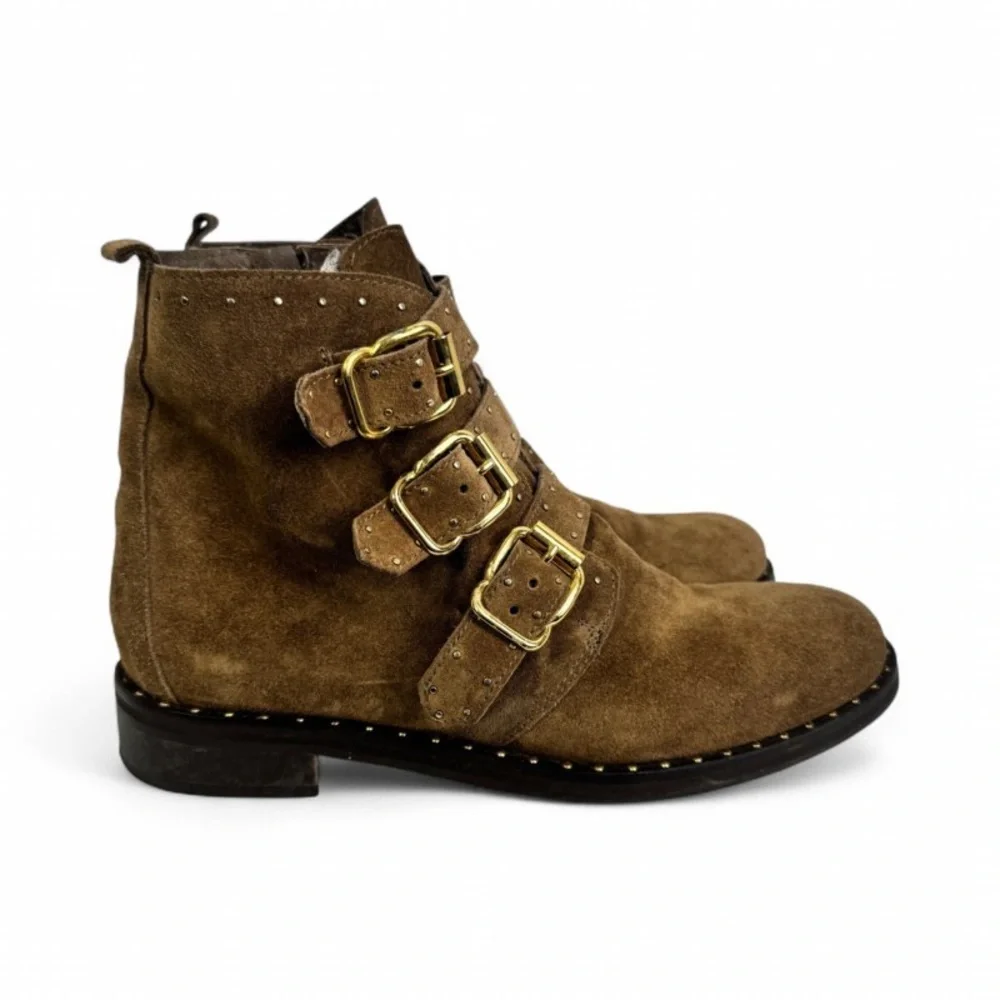 Minelli Brown Suede Studded Ankle Boots Buckle Moto EU 38 - Picture 5 of 13